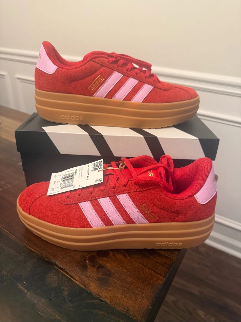 Red Suede Adidas VL Court Bold platform sneakers w gum sole
